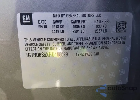 2017 Chevrolet Volt Premier из США, поврежденный, VIN 1G1RD6S5XHU108629